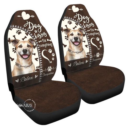 Discover Custom Photo & Name Pet Car Seat Cover, "Dog Kisses Fix Everything" Dog Cat Car Seat Cover, Pet Lovers' Gift, Set of 2