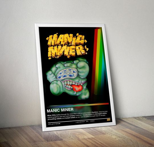 Discover Manic Miner Poster Print | Manic Miner Cover | Gaming Poster | 4 Colors | Gaming Decor | Video Game Poster | Gaming Gift | Video Game Print
