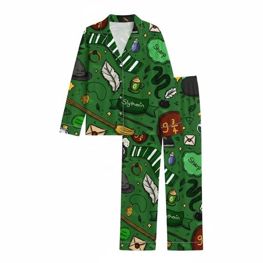 Vintage Slytherin Wizard House Pajama Set, Hogwarts House Loungewear, Hp Matching PJs