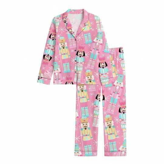 Pink Nutcracker Christmas Pajama Set, Holiday Sleepwear with Ballerina & Tree Print