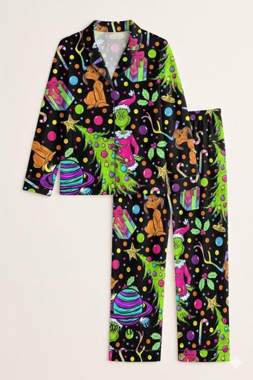 Discover Funny funny character Christmas Pajama Set  Neon Holiday Sleepwear with Dog & Gift