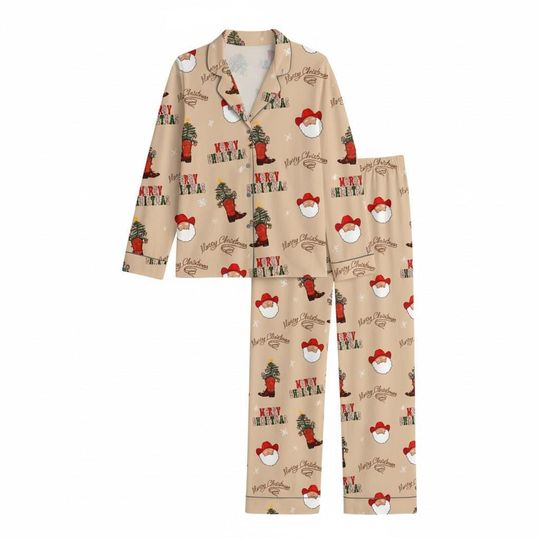 Beige Christmas Pajama Set  Vintage Santa Merry Christmas PJs, Matching PJs