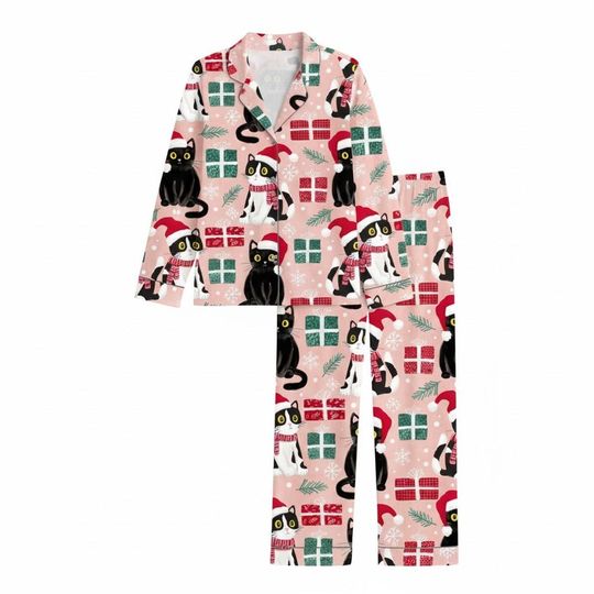 Discover Cat Santa Christmas Pajama Set  Spirit Gift Satin Sleepwear
