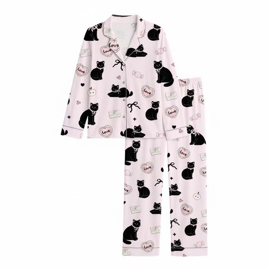 Black Cat Pajama Set, Love Sleepwear, Santa Pjs, Cat Lover Loungewear
