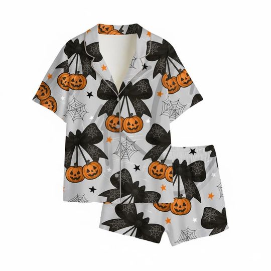 Discover Pumpkin Cherries Coquette Bow Pajamas Set, Halloween Costumes Pajama Set