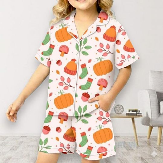 Kid's Halloween Pajamas Set, Cute Pumpkin & Mushroom Autumn Print Sleepwear