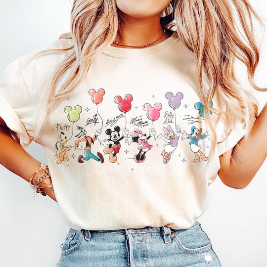 Discover Retro Mickey and Friends Signatures Shirt, Disney Balloon Shirt, Disney Characters Tee, Disney Mouse Head Tee, Mickey & Co Gift, Disney Tee