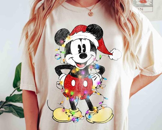 Discover Mickey Mouse Classic Pose Christmas Light Retro T-shirt, Disney Mickey's Very Merry Xmas Party Tee, Disney Parks Halfway to the Holiday Gift