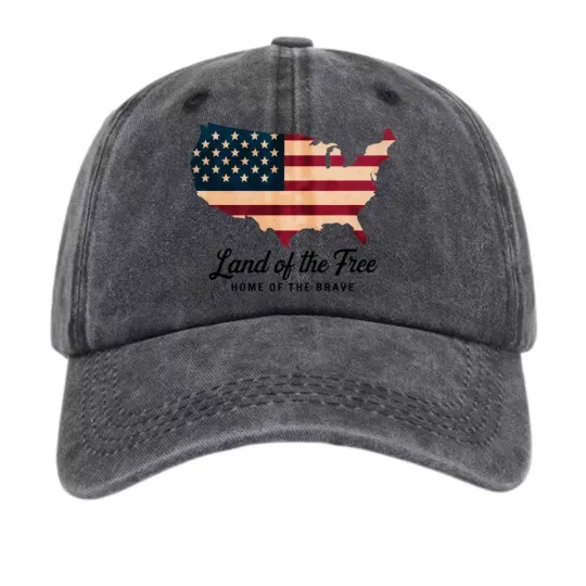 "Land of The Free Home of The Brave" American Flag Map Vintage Baseball Cap 2