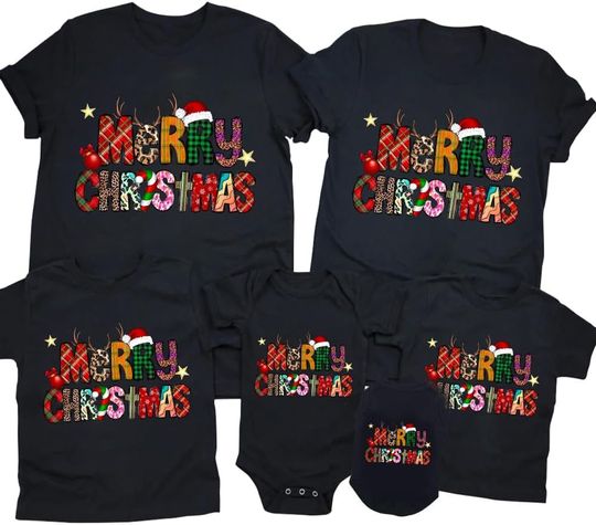 Discover Merry and Bright Shirt Christmas T-Shirts for Family Couple Outfit Tee Christmas Top Parent-Child Short Sleeves