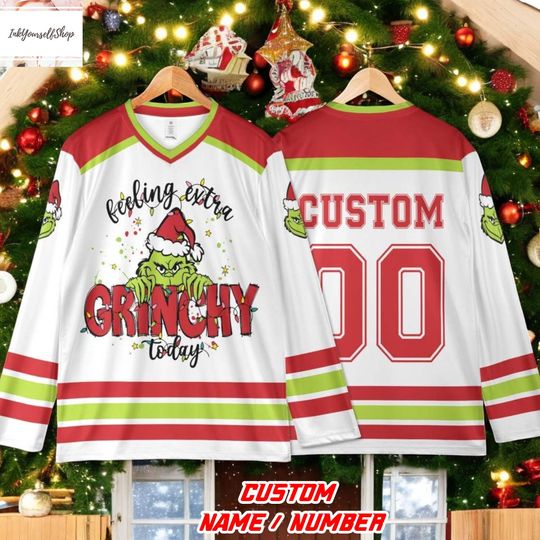 Discover Feeling Extra Grin Today Hockey Jersey, Personalized Christmas Outfit, Custom Name Number Holiday Jersey, Disney funny character Hockey Jersey