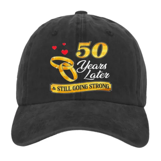 Discover 50 Years Strong Hat – Golden Anniversary Cap with Wedding Rings Design