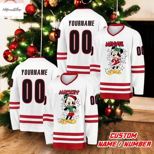 Discover Personalized Disney Mickey and Minniee Christmas Hockey Jersey, Custom Name Number Family Matching Christmas, Disney Christmas Hockey Jersey