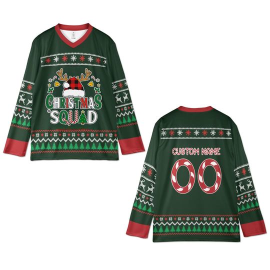 Custom Christmas Hockey Jersey  Ugly Sweater Style Holiday Team Shirt  Personalized Name & Number Xmas Squad Gift