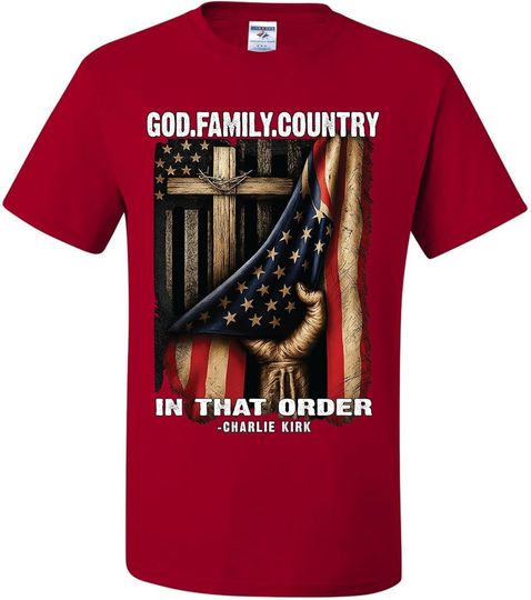 Discover Charlie Kirk God Family Country in That Order USA Cross Flag T-Shirts