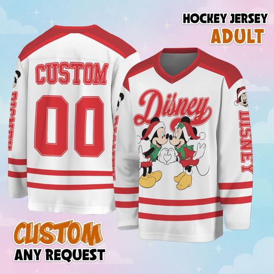 Discover Personalized Disney Mickey and Minniee Mouse Christmas Hockey Jersey, Disney Holiday Jersey, Hockey Fan Lover Gift, Hockey Team Outfit