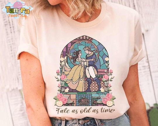 Discover Retro 90s Disney Beauty & The Beast Stained Glass Rose T-Shirt, Belle Princess Shirt, Magic Kingdom Disneyland Family Vacation Gift