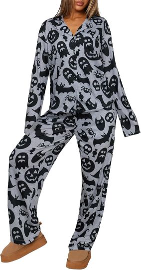 REORIA Women's Halloween Pajama Set 2-Piece Button-Up Sleepwear