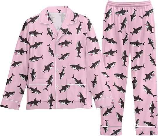 Discover Unisex's Fall & Christmas Cozy Long Pajama Set, Thick & Warm Fleece Sleepwear for Women, Men Winter 2025 Shark XL