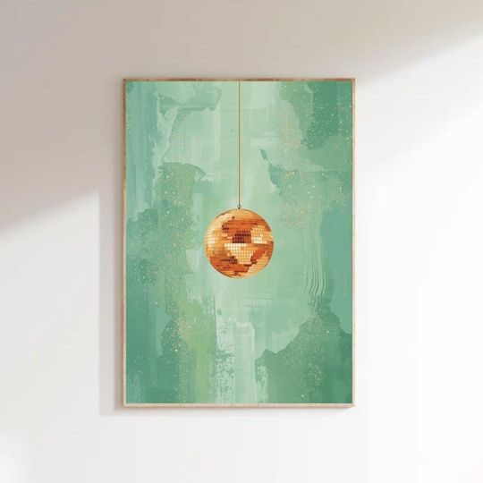 Discover Orange Discoball | Swift Mirror Ball Dreams | Showgirl Energy | Sparkling Mint Green Background | Instant Digital Download Poster