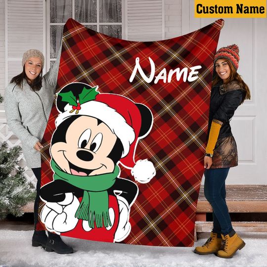 Discover Personalized Name Disney Christmas Blanket, Christmas Mickey Blanket,Buffalo Plaid Fleece Mink Sherpa Blanket, Gifts For Kid