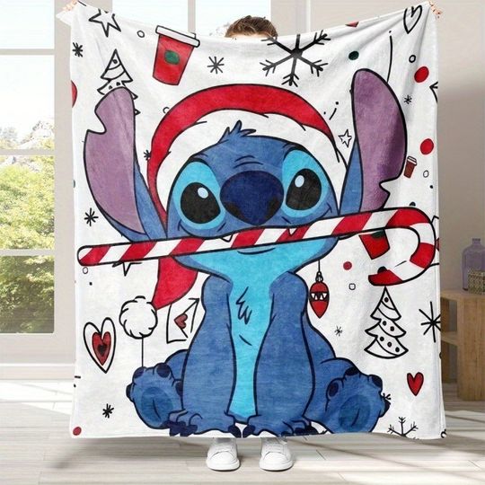 Discover Disney Stitch wears a Christmas hat and bites the Christmas blanket of a candy bar: warm and playful