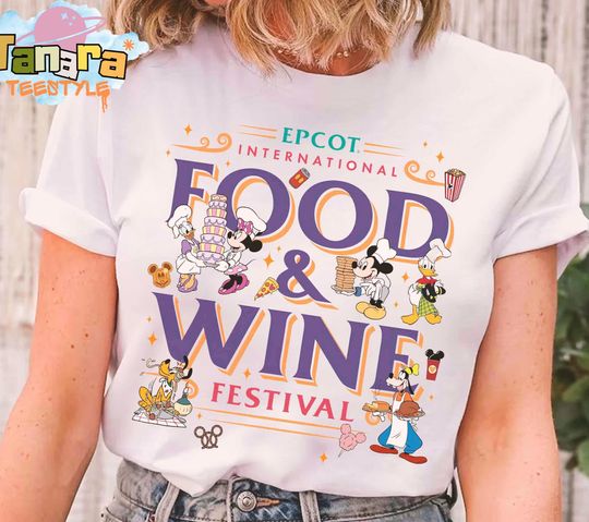 Discover Retro 90s Disney EPCOT Food & Wine Festival Shirt, Mickey And Friends Chef Design, Snack And Drink Theme, Disneyland Vacation Gift, Theme