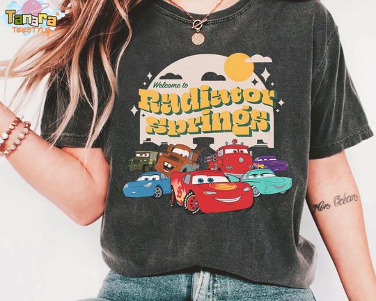 Discover Disney PIXAR Cars Group on the Road Radiator Springs, Crop Top, Lightning McQueen Mater Tee, WDW Magic Kingdom Family Vacation Holiday Gift