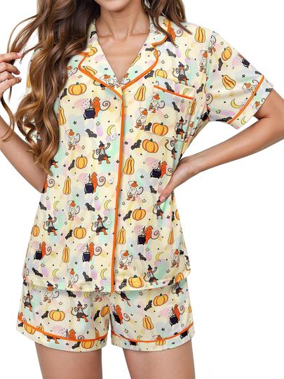 Discover Women's Preppy Monkey Pajamas Set with Pockets