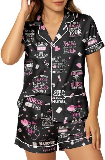 Discover Women Satin Pajama Set, 2 Piece Short Sleeve Button Down Top and Shorts Loungewear, Cute Sleepwear & Holiday