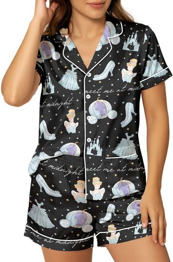 Discover Women Satin Pajama Set, 2 Piece Short Sleeve Button Down Top and Shorts Loungewear, Cute Sleepwear & Holiday