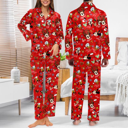 Discover Red Mickey Mouse And Friends Christmas Pajamas, Mickey's Very Merry Christmas Party Button Shirt, Mickey Candy Xmas Holiday Sleepwear Party