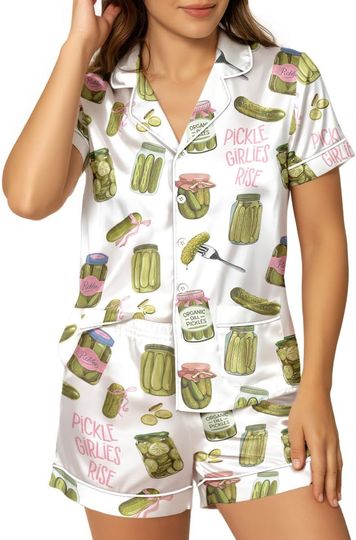 Discover Women Satin Pajama Set, 2 Piece Short Sleeve Button Down Top and Shorts Loungewear, Cute Sleepwear & Holiday