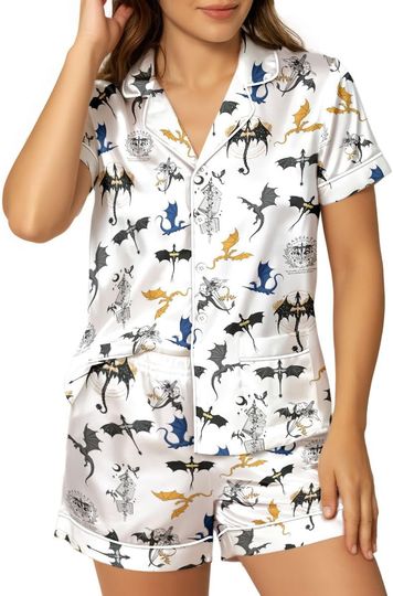 Discover Women Satin Pajama Set, 2 Piece Short Sleeve Button Down Top and Shorts Loungewear, Cute Sleepwear & Holiday