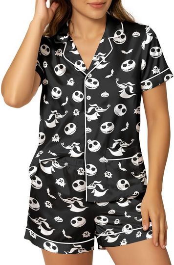 Discover Women’s Silk Satin Pajama Set, Short Sleeve Button Down 2 Piece PJs with Shorts, Cozy Loungewear & Matching Holiday Pajamas