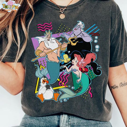 Discover The Little Mermaid Characters T-Shirt, Disney Retro 90s Style, Ariel Ursula Sebastian Flounder Design, WDW Disneyland Gift, Classic Movie.