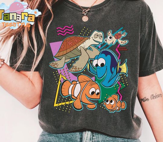 Discover Disney Finding Nemo Characters Squad Shirt, Retro 90s Style Group Shot, Cute Marlin Bruce Crush Design, WDW Magic Kingdom Disneyland Family
