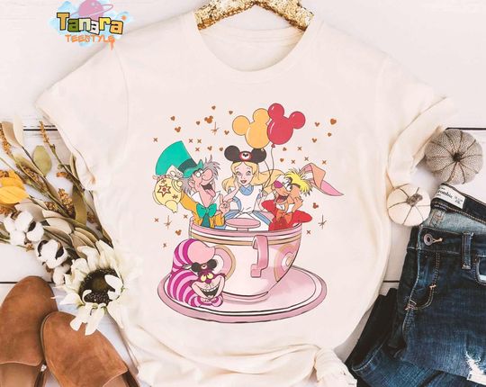 Discover Retro 90s Disney Alice in Wonderland T-Shirt, Magic Kingdom Characters Group Shirt, Tea Cup Shirt, Mickey Balloon, Disneyland Vacation