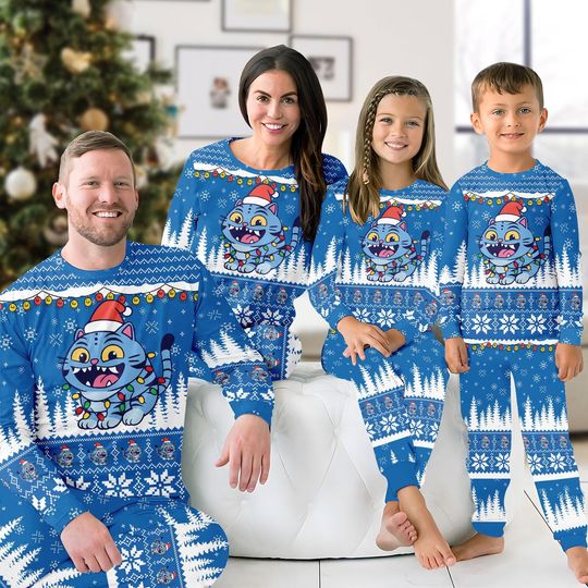Discover Blue Tiger Christmas Pajamas Set, Family Matching Xmas PJs, Cute Cat Lover Sleepwear, Cozy Holiday Outfit for Men Women Kids