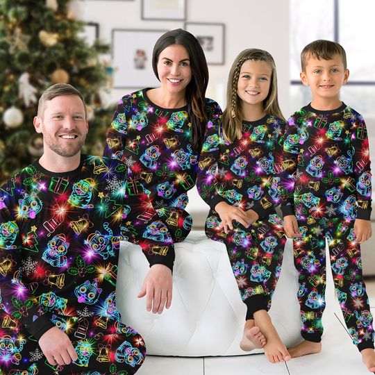 Discover Neon Christmas Family Pajamas Set, Matching Xmas PJs, Cute Tiger and Bird Sleepwear, Cozy Holiday Outfit for Family, Xmas Gift