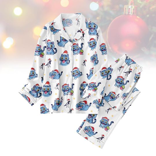 Cute Tiger Xmas Sleepwear, Tiger Bird Christmas Pajamas Set, Cute Cartoon Pajama Outfit, Derpy Tiger Christmas Kids Pjs, Tiger Pjs