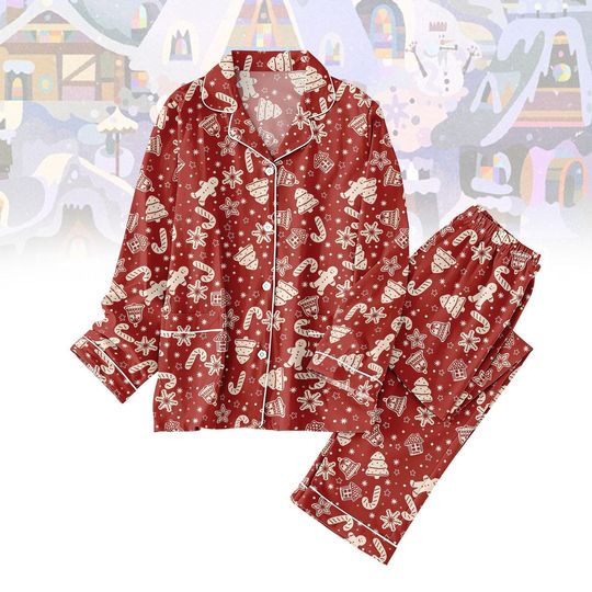 Red Gingerbread Pajamas Set, Festive Candy Cane Christmas Sleepwear, Cozy Holiday PJs, Xmas Gift for Men Women, Christmas Party Gift