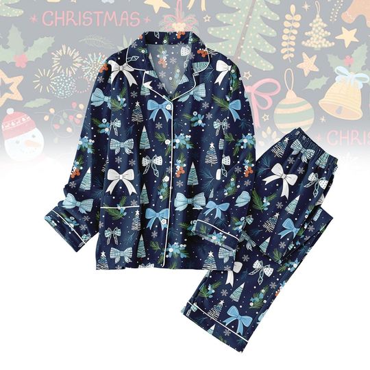 Discover Blue Bow Christmas Pajamas Set, Elegant Winter Tree PJs, Tree and Bow Xmas Pjs, Cozy Holiday Sleepwear Gift for Women, Xmas Pjs