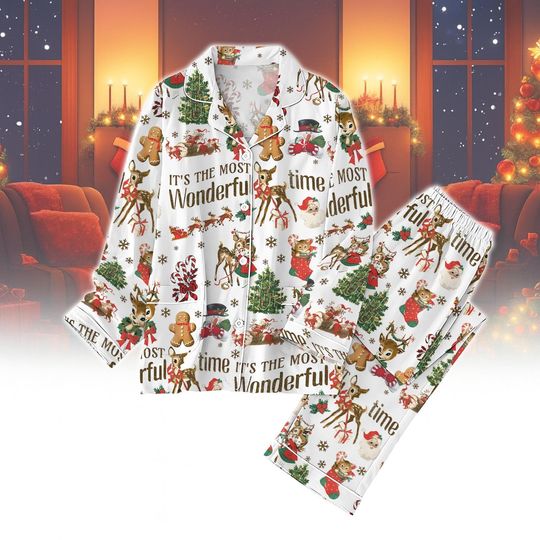 Discover Vintage Christmas Pajamas Set, Retro Holiday PJs, Its the Most Wonderful Time Sleepwear, Cozy Festive Outfit, Classic Christmas Gift