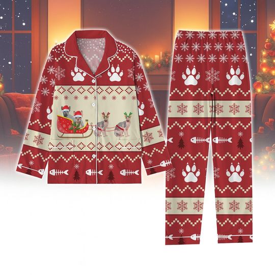 Discover Cute Cat Christmas Pajamas Set, Funny Cat Lover PJs, Cozy Holiday Sleepwear, Cute Kitty in Santa Sleigh Pajamas, Festive Family Outfit