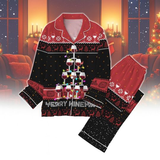 Discover Merry Winemas Christmas Pajamas, Funny Wine Lover Holiday Sleepwear, Cozy Festive PJs for Women, Wine Christmas Gift, Holiday Pajamas