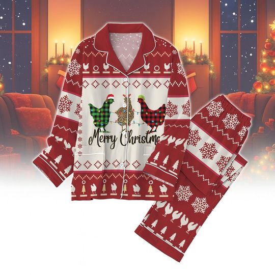 Cute Chicken Christmas Pajamas Set, Funny Farm Animal Holiday Sleepwear, Cozy Red Plaid Pajamas, Cute Hen Christmas Gift