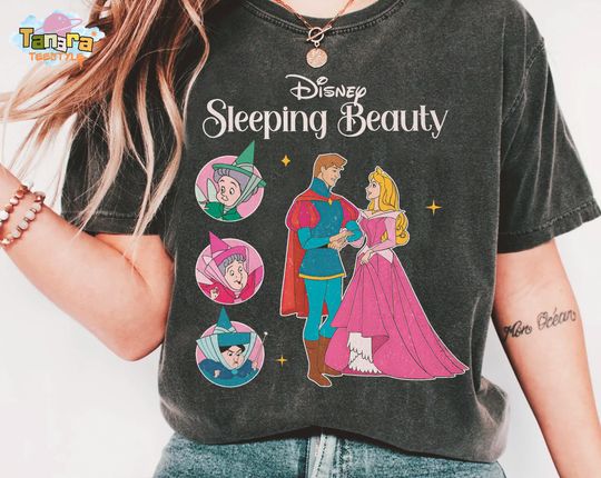 Discover Retro 90s Disney Sleeping Beauty Characters Group Shot T-Shirt, Aurora Prince Phillip Maleficent Shirt, Disneyland Magic Kingdom Gift
