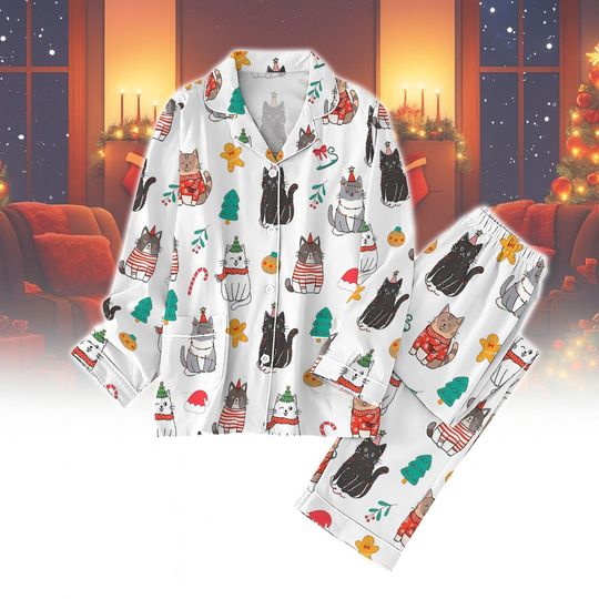 Discover White Cat Christmas Pajamas, Cute Pet Lover Pajama Set, Cozy Holiday Sleepwear Gift for Women, Funny Cat Love Kid Pjs Gift