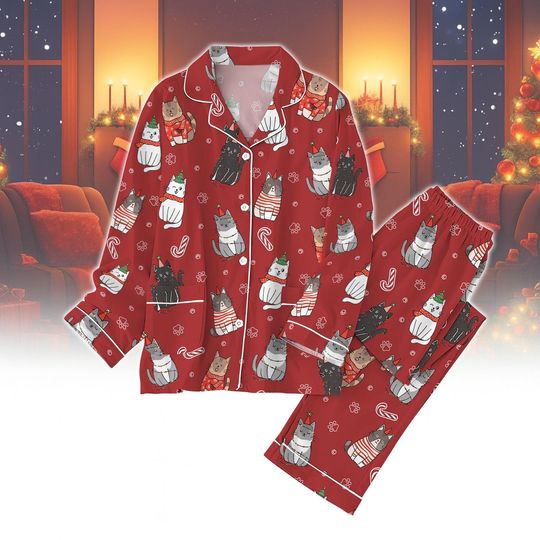 Discover Red Cat Christmas Pajamas, Funny Cat Lover Pajamas, Cozy Holiday Sleepwear Gift for Women Kids, Cute Cat Christmas Pajamas Gift